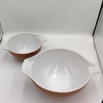 Pyrex Brown White Glass Mixing Set Of 2 Nesting Round Kitchen. Fixed Price $50.00.