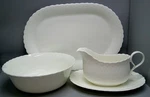Mikasa White Silk A7050 Hostess Set: Vegetable, 14" Platter, 2-PC Gravy Boat. Fixed Price $149.95.