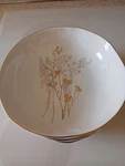 Set Of 4 Sango 8" Salad / Pasta Bowls, Mustard Floral Design, Iridescent Glaze. Fixed Price $58.00.