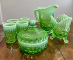 Vintage Mosser Opal Green Pitcher, Juice Glasses, Candy Dish Spooner. Fixed Price $300.00.