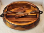 Nambe Acacia Wood And Metal Anvil Oval Salad Or Serving Bowl With Servers. Fixed Price $75.00.