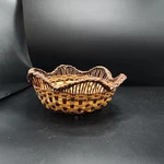 Vintage Hand Woven Two-tone Wicker Basket Scalloped Wavy Rim 10" Round. Fixed Price $22.00.