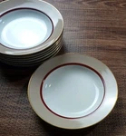 Mikasa Soup Bowls 3/8" Grandeur Taupe Burgundy Red Band Gold Trim Set Of 7. Fixed Price $35.00.