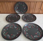 Ikea Vinterfint Set 5 Dark Gray 8" Plates Painted Red Floral Salad Dessert New. Fixed Price $50.00.