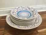 Crate & Barrel Blue Ravello Italy Large Pasta + 6 Individ. Bowls Set Mint. Fixed Price $239.20.