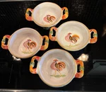 4 Dbl Handled Soup/cereal Bowls Neiman Marcus, Italy Rooster Painted. Fixed Price $83.53.