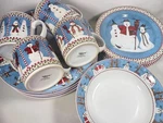 Vintage 20 Pc Set Sakura Debbie Mumm Snowman Plates Tumblers Bowls Mugs. Fixed Price $80.00.