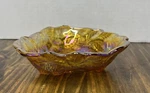 Vintage Indian Amber Carnival Glass Bowl Berries Leaf Candy Dish Iridescent. Fixed Price $10.00.