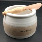 Mudpie Stoneware "eat Local" Dip Bowl With Wooden Knife Set 48500170E. Fixed Price $19.99.