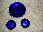 Harold Tishler Set 3 Round Enamel Copper Dish Bowls Cobalt Blue Mid Century. Fixed Price $89.95.
