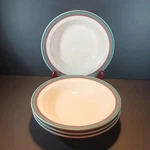 Pfaltzgraff Juniper 8 " Flat Rim Soup Salad 4 Bowls Green Mauve Bands. Fixed Price $29.99.