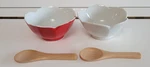 Red White Lotus Porcelain Sauce Bowls With Wooden Spoons 3.5 Inches Holds 4 Oz. Fixed Price $12.00.