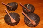 Wood Bowl Set & Spoons Natural Hand Carved Artisan Coconut Kitchenware. Fixed Price $55.00.