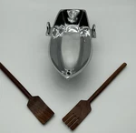 Godinger Silver 15" Row Boat Salad Serving Bowl Wood Utensils Polished Aluminum. Fixed Price $49.99.