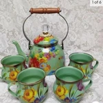 Mackenzie Childs Green Flower Market Enamelware 2 Qts Tea Kettle W/ 4 Mugs (PMT6. Fixed Price $549.95.