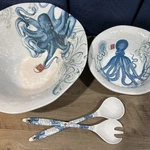 Michel Design Works Blue Octopus Melamine Bowl Serveware Set 13.5" 9 & Utensils. Fixed Price $43.99.