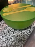 Green Crate & Barrel Covered Salad Bowl With Yellow Serving Utensils Ice Pack. Fixed Price $32.00.
