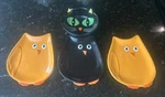 Set Of 3 Tag Night Orange & Black Snack Appetizer Plates Kitty Sauce Bowl. Fixed Price $15.00.