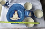 Sakura Snowmates Blue Snowman 11 Plates Bowls And Cup By Debbie Taylor Kerman. Fixed Price $70.00.