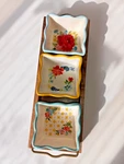 The Pioneer Woman Floral Medley 4-PC Stoneware Condiment Set Acacia Wood Tray. Fixed Price $20.00.