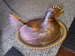 Vtg Hen/chicken Nest Indiana Glass Golden Rainbow Iridescent Covered Candy Dish. Fixed Price $124.00.