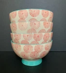 The Pioneer Woman Footed Bowls Happiness Pattern Red Starburst Aqua Base 6". Fixed Price $29.00.