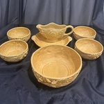 Bordallo Pinheiro Oak Leaf Gold 4 Salad Bowls, Serving Bowl, Gravy Boat, Platter. Fixed Price $109.00.