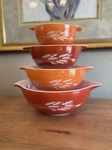 Complete Pyrex Set Of Autumn Harvest Wheat Cinderella Nesting Bowls 441-444. Fixed Price $110.00.