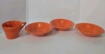 4 Vintage Homer Laughlin Harlequin Radioactive Red Fruit Bowls (3) & 1 Tea Cup. Fixed Price $64.99.