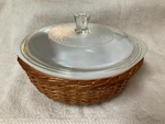 Vintage Glasbake Casserole Dish W/lid & Serving Basket. 2QT White Glass J-514. Fixed Price $15.00.
