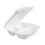 Dart 90HT3R Foam Hinged Lid Containers 3-COMPARTMENT 9X9 White Takeout 200/CASE. Fixed Price $36.90.
