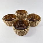 4 Vintage Anchor Hocking Fire-king Amber Glass Custard Cups W/ Wicker Baskets. Fixed Price $44.95.