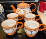 Old World Orange Tea Pot & Cups Set Scroll Handles. Fixed Price $43.00.