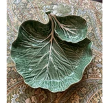 Bordallo Pinheiro Majolica Green Cabbage Leaf Chip & Dip Bowl Set 9" Portugal. Fixed Price $47.95.