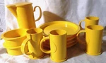 Vintage Dansk Melamine Plates Cups Pitcher Bowls Yellow Gunner Cyren Plastic. Fixed Price $75.00.