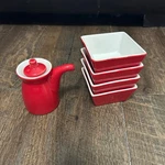 Crate & Barrel Red White Ceramic Sushi Soy Sauce Dispenser And 4 Dipping Bowls. Fixed Price $16.00.