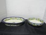 Boleslawiec Hand-made Polish Pottery Oblong Round Bowl, Pansy Pattern. Fixed Price $45.00.