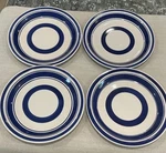 (4) Royal Norfolk Plates Stoneware Blue Circle Stripes Raised Rim 10 5/8 Dinner. Fixed Price $31.99.