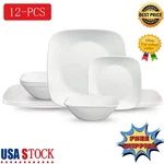 Pure White Square 12-PIECE Glass Kitchen Plate Bowl Dishes Dinnerware Set. Fixed Price $59.67.