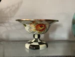 Mackenzie Childs Small White Flower Market Enamel Compote Checked Base. Fixed Price $90.00.