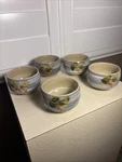 Set Of 5 Vintage Studio Pottery Tea Bowls Hand Paint Leaves Gray Glaze Rice Soup. Fixed Price $60.00.