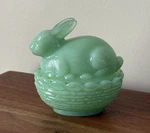 Mosser Glass Bunny On Basket Nest - / Jadeite Easter Spring Trinket Box. Fixed Price $32.99.