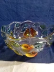 Mikasa Golden Harvest Clear Glass Hostess Bowl Embossed Colored 3D Fruit 8.5. Fixed Price $32.00.