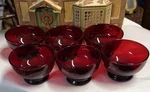 Set Of 6 Vintage Footed Ruby Red Anchor Hocking Glass Fruit/sherbert Bowls. Fixed Price $20.00.