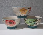 3 Pioneer Woman Bloom Dots Turquoise Footed Bowls 6" Floral. Fixed Price $12.50.