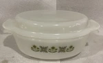 Vintage Anchor Hocking Fire Dish Oval Glass Green Daisy Pattern. Fixed Price $19.99.