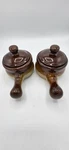 Vtg. Ceramic Brown French Onion Soup Bowls With Handle & Lids Glazed Stonewear. Fixed Price $18.90.