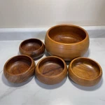 Teak Wood Salad Bowl Set 5 Piece Vintage Thailand Retro Round. Fixed Price $34.99.