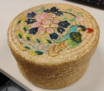 Vtg Straw Rattan Woven Wicker Peacock Floral Basket Box Lid Sewing Storage 5"X8". Fixed Price $14.45.