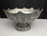 Vintage Metal Pedestal Bowl Ornate Embossed Floral Silvertone Scalloped 9.5". Fixed Price $59.99.